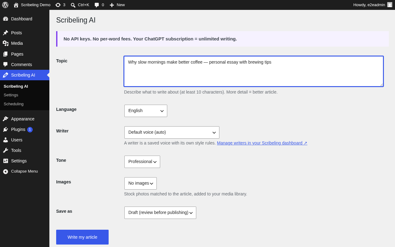 Scribeling AI write screen inside WordPress admin