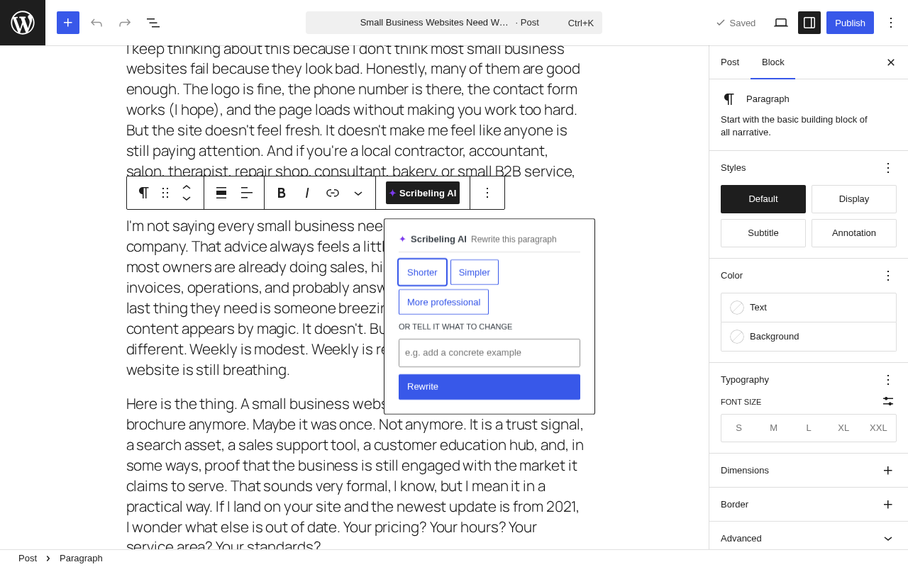 Paragraph rewrite with Scribeling AI in the block editor