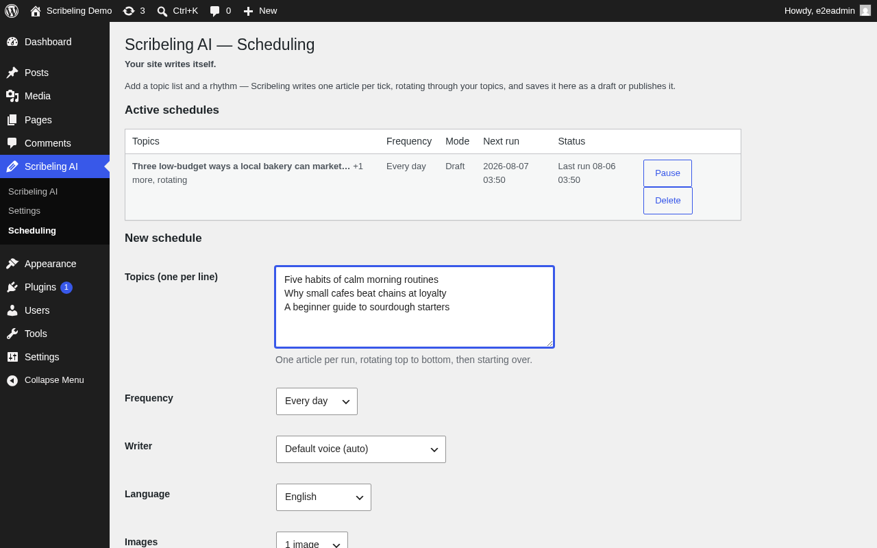 Scheduling screen — recurring article generation with topic rotation